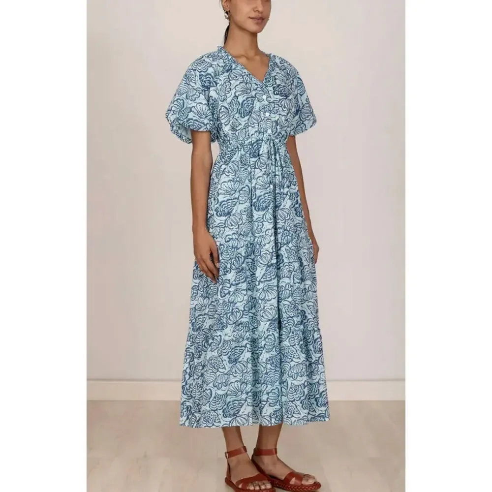 Banjanan Poppy Midi Dress Shell Aqua Puff Sleeve Cotton Button Tuckernuck - Picture 3 of 13